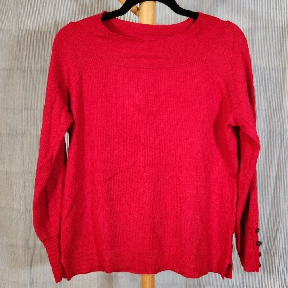 Isela $65 Large Red Soft Ribbed Four Button Cuff Rayon Blend Crew Neck‎ Sweater